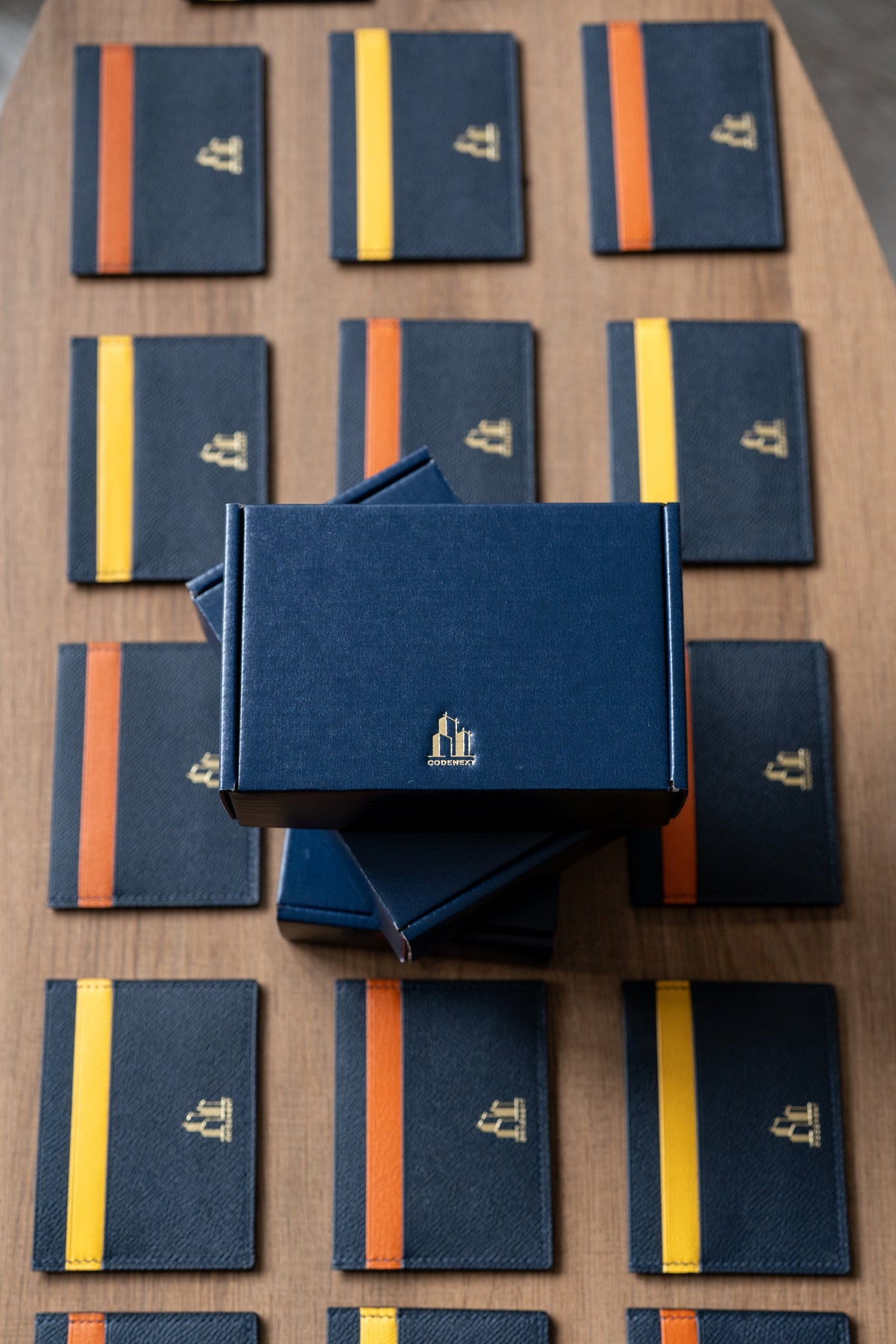 CODENEXT branded leather card holders and gift box, handmade corporate gift by Impossible Leather